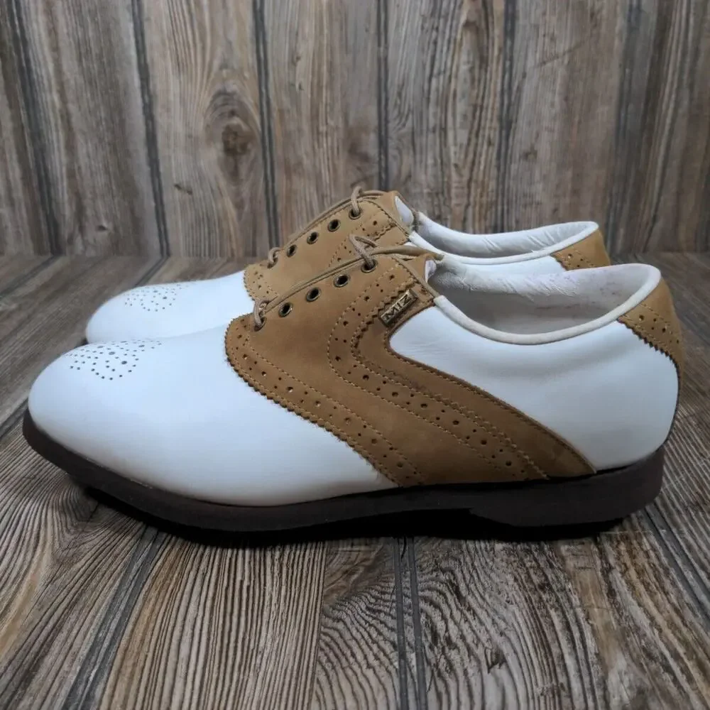Mizuno Women Metal Cleat Golf Shoes White Brown‎ Saddle Classic Sz 8 Waterproof